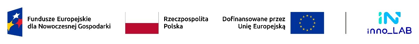 Ciąg Logotyp&oacute;w: Fundusze Europejskie dla Nowoczesnej Gospodarki, Rzeczpospolita Polska, Dofinansowane przez Unię Europejską, innoLAB