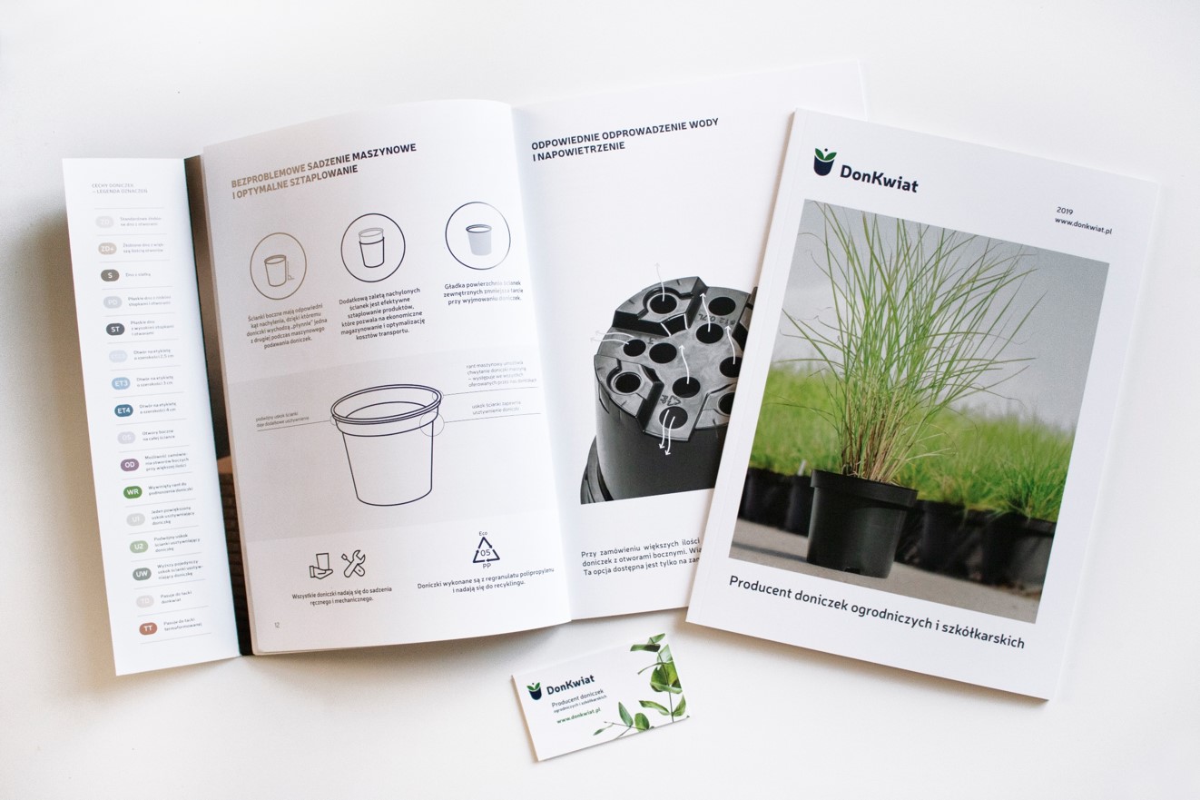 Po lewej stronie i środku widać otwarty katalog produkt&oacute;w. Na jednej ze stron widoczna legenda w r&oacute;żnych kolorach. Widać też piktogramy symbolizujące doniczki. Po prawej stronie widoczna frontowa okładka katalogu, na kt&oacute;rej widniej zdjęcie roślin w doniczkach. Na dole ekranu widać wizyt&oacute;wkę. Pokrywają ją kwieciste wzory