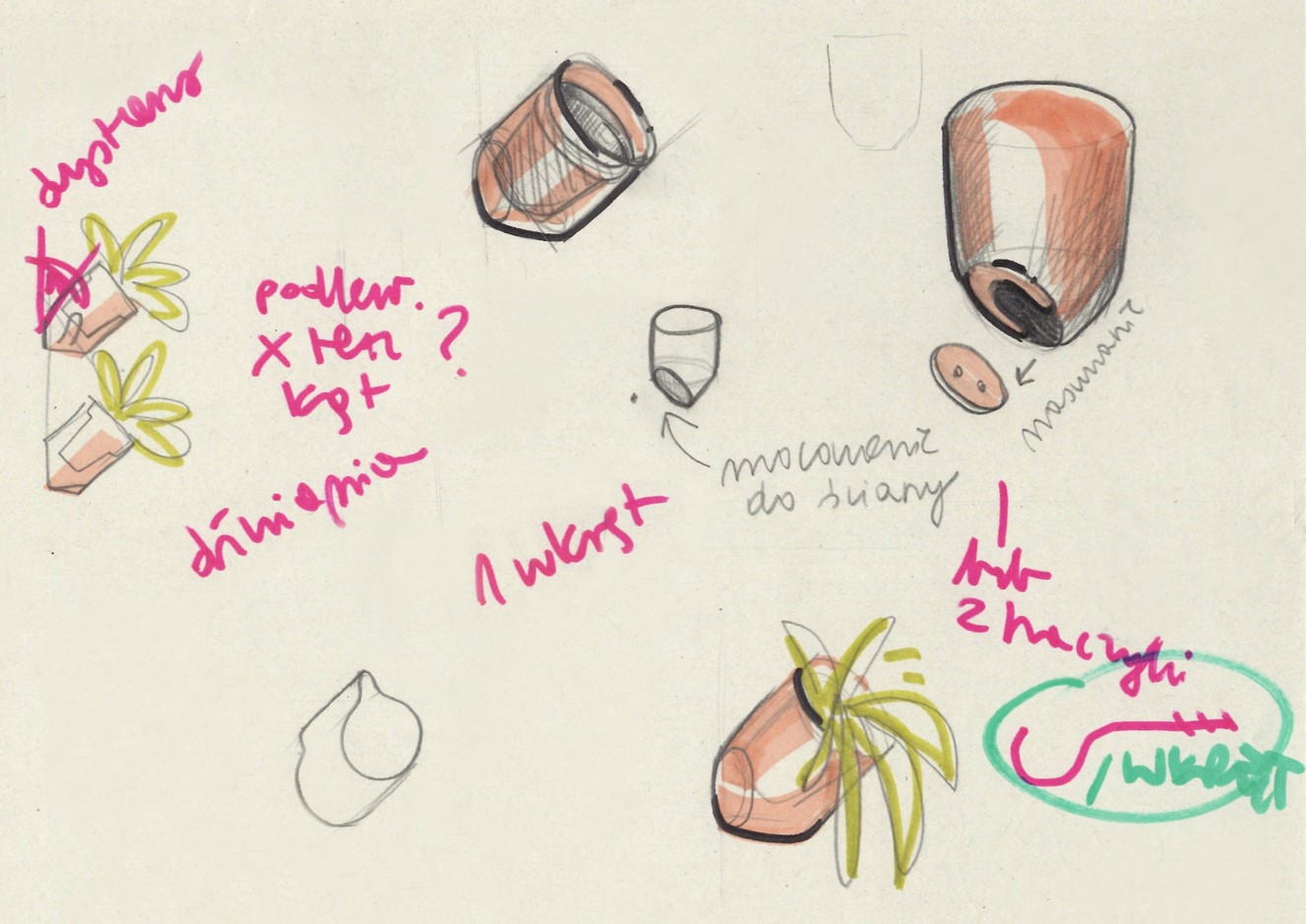 kolorowe oraz dwukolorowe szkice przedstawiające osłonki na doniczki. Kształty osłonek widoczne na szkicach są lekko zaokrąglone, w przekroju przypominają walec. Obok szkic&oacute;w są dopisane adnotacje dotyczące mocowania osłonek do ściany. Treść jednej z nich to  