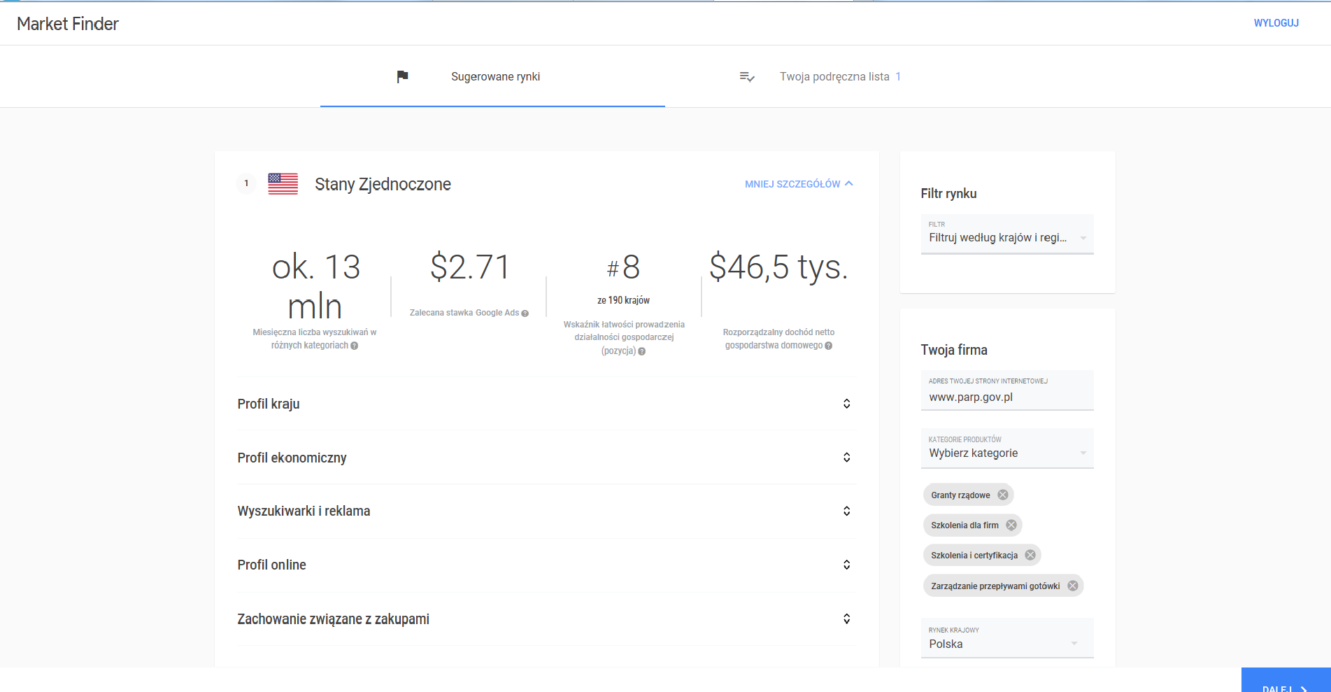 Widok aplikacji Market Finder