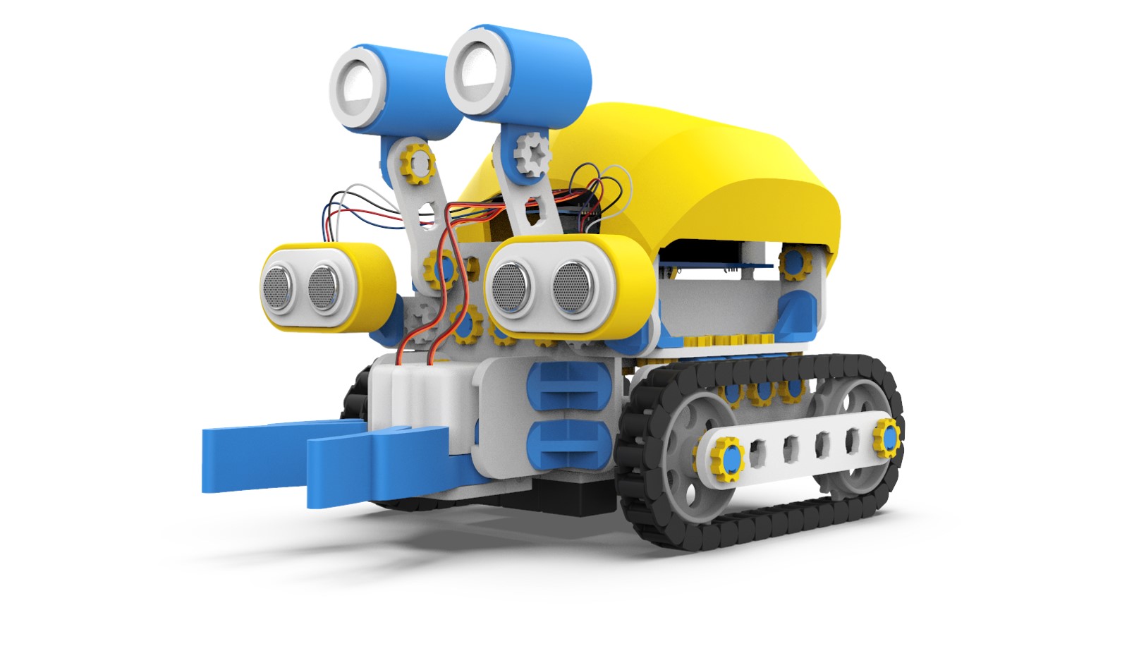 Widok na robota Skribot. Jego podstawę stanowią dwie gąsienice. Z przodu urządzenie ma niebieskie chwytaki oraz dwie symetryczne lampki. Na froncie robota, poniżej lamp, znajduje się również para podwójnych czujników. Korpus robota jest przykryty obudową w kolorze żółtym. Na zdjęciu widać też kable odchodzące od czujników, które wchodzą pod obudowę.